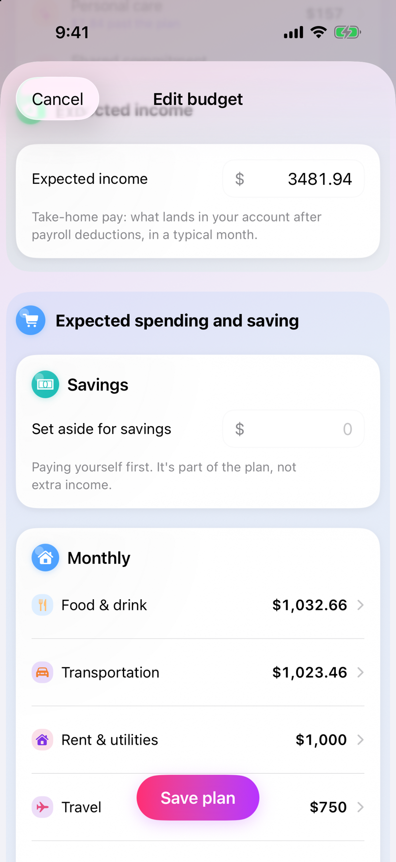The Edit budget screen, with Expected income, Savings, monthly cost lines, and Save plan