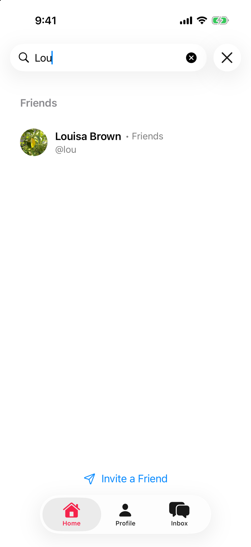 The Search Friends screen, with a search field and Invite a Friend below the results
