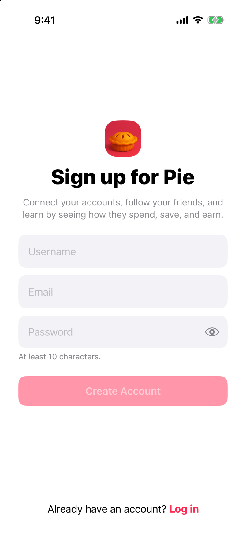 The Sign up for Pie screen